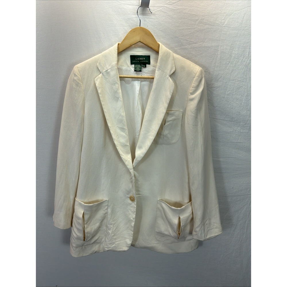 Lauren Ralph Lauren Long Sleeve Lined Silk Blazer Ivory US 12 Office Luxury